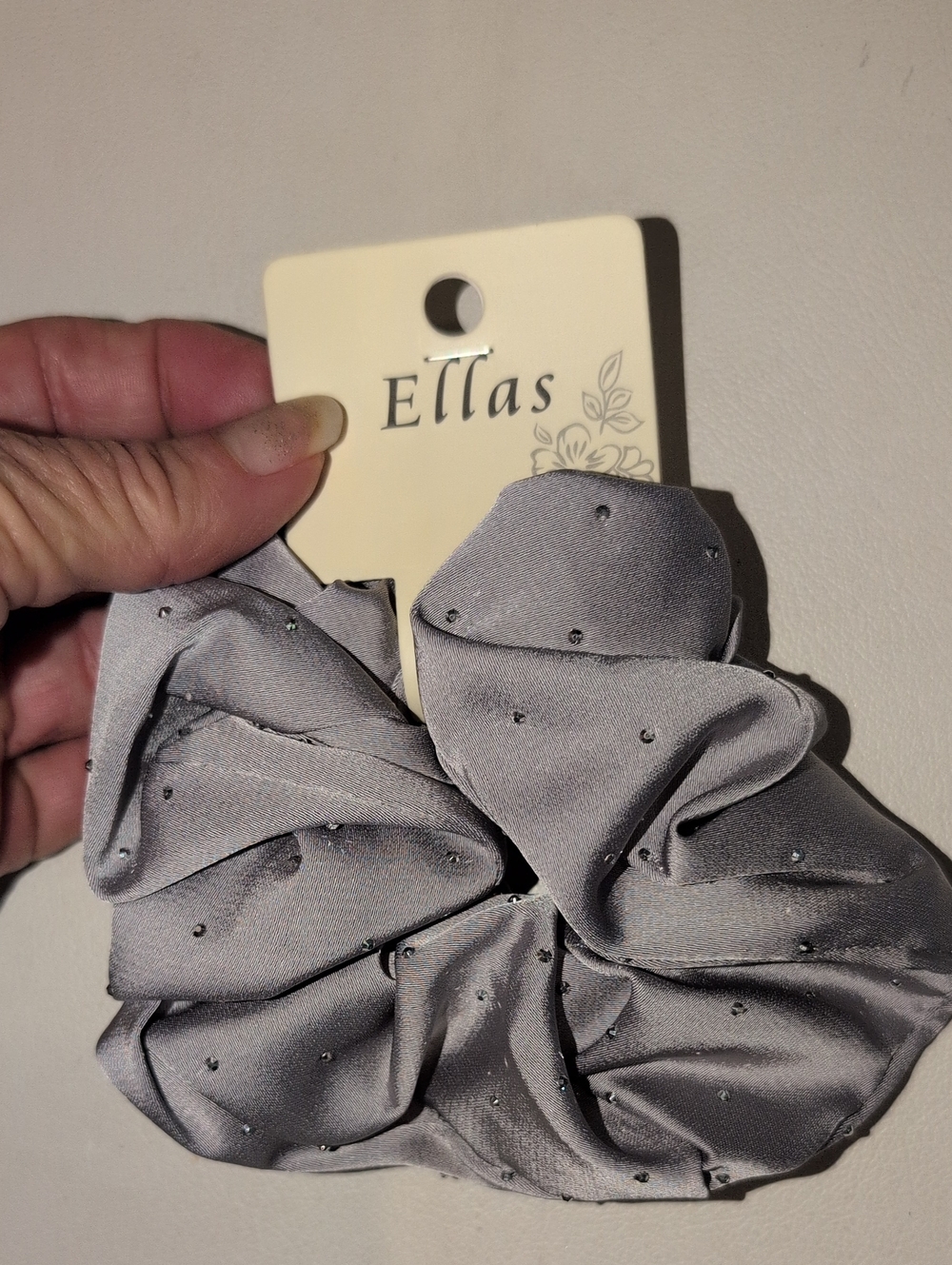 Ella Gray Satin Scrunchie with Rhinestone Dots